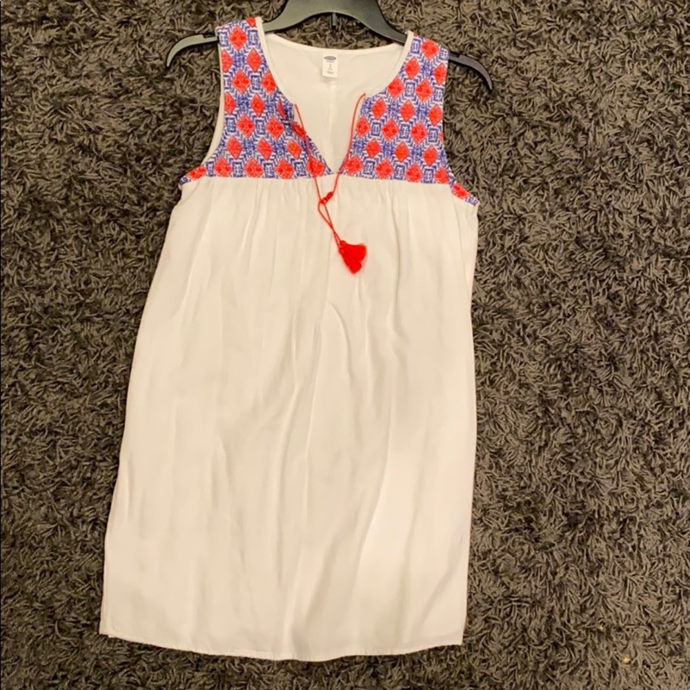 White linen dress with red/blue embroidered top